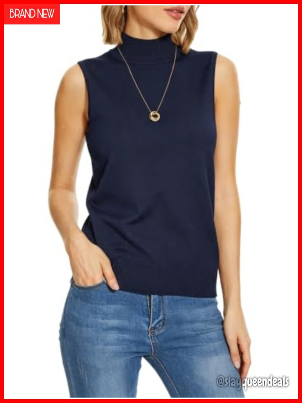 Sleeveless Mock Neck Sweater Vest Rayon Blend Ribbed Neckline